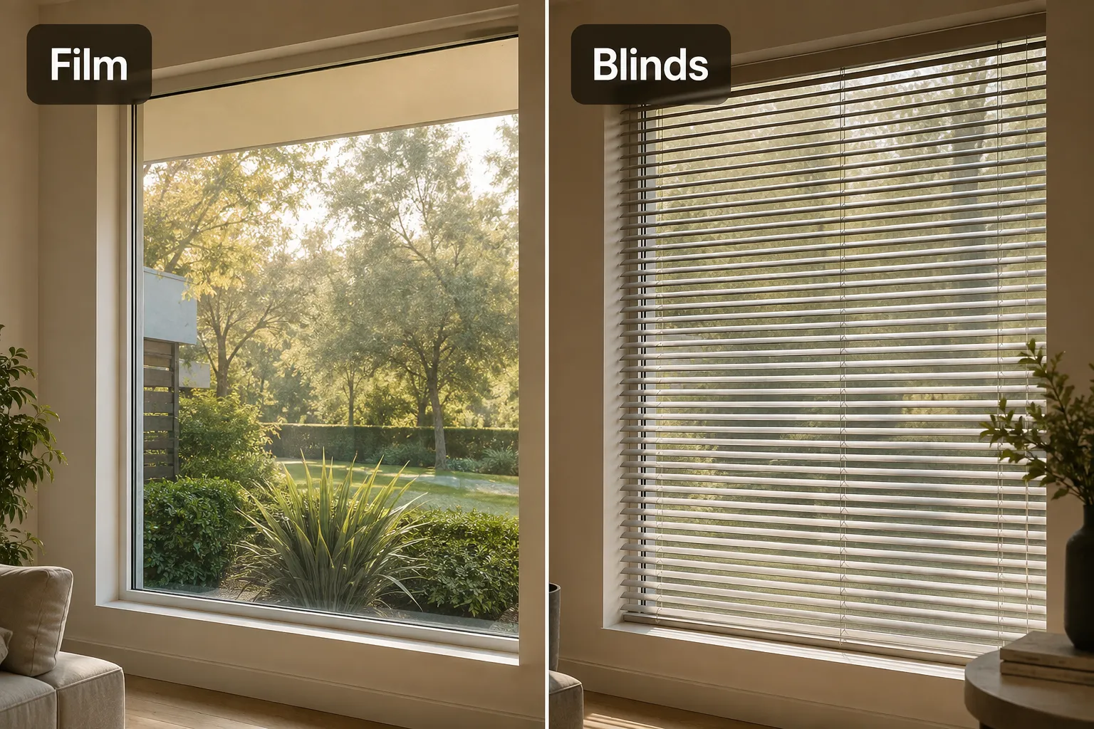 A side-by-side comparison shows a window with clear film on the left and closed white blinds on the right, both revealing greenery outside